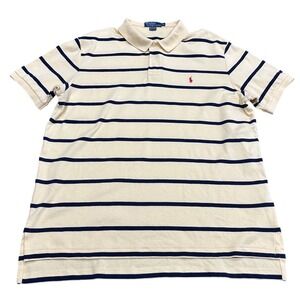Polo Ralph Lauren Mens XL Polo Shirt Cream Navy Blue Striped Short Sleeve Cotton